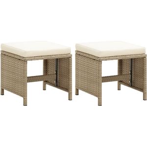 The Living Store Tuinkrukken - Staal - poly rattan - 41x41x35 cm - Set van 2 - Kleur beige/crèmewit - The Living Store