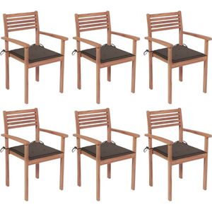 The Living Store Tuinstoelen Teak - Stapelbaar - Set van 6 - 56x51x90 cm - Taupe kussen