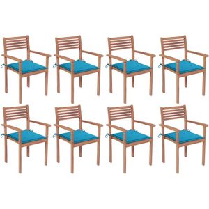 The Living Store Stapelbare Teakhouten Tuinstoelen - Set van 8 - Blauwe Kussens - Afmetingen- 56 x 51 x 90 cm -