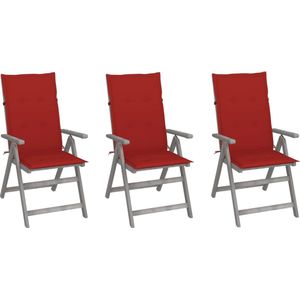 The Living Store Verstelbare Armstoelen - Acaciahout - Greywash - 56 x 70 x 110 cm - Rood kussen