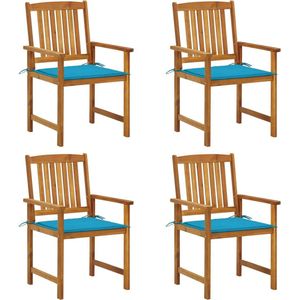 The Living Store Buitenstoelen - Gelatté hout - Massief acaciahout - Blauwe kussens - 61 x 57 x 92 cm - 4 stoelen - 4 zitkussens