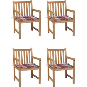 The Living Store Teakhouten Tuinstoelenset - 58 x 60 x 90 cm - Rood Ruitpatroon Tuinstoel - Teak Hout - Tuinset - Buisentool - Buitenkamer - Lounge Set