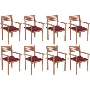 The Living Store Stapelbare houten tuinstoelen - Teakhout - Set van 8 stoelen met kussens - Afmetingen- 56x51x90 cm - Kleur kussen- wijnrood - Montage vereist