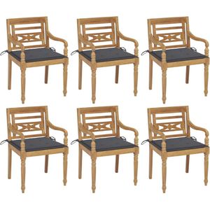 The Living Store Batavia Teakhouten Tuinstoelen Set - 6 Stoelen + Kussens - 55x51.5x84 cm - Antraciet