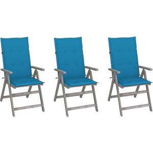 The Living Store verstelbare stoelenset acaciahout - greywash - 56 x 70 x 110 cm - blauw kussen