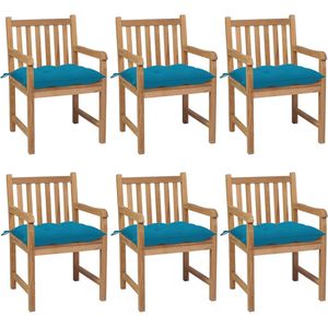 The Living Store Tuinstoelenset - Teakhout - 58 x 60 x 90 cm - Lichtblauw kussen - 6 stoelen