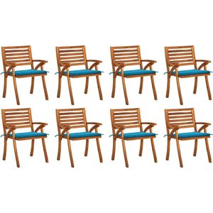 The Living Store Tuinstoelenset - Massief acaciahout - Blauw kussen - 8 stoelen - kussens