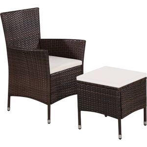 The Living Store Poly Rattan Tuinmeubelset - 1 Eetstoel - 1 Kruk - 41x41x42 cm - Bruin - CrÃ¨mewit