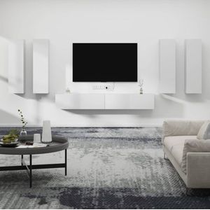 The Living Store TV-meubel Set - Klassiek design - Bewerkt hout - Wit - 6 stuks