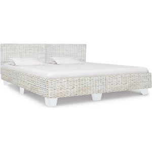 Bett Grau Natur Rattan 180x200 cm - Rattan Bett - Massivholz Bett - Mahagoni Bett - Mangoholz Bett - Doppelbett - The Living Store
