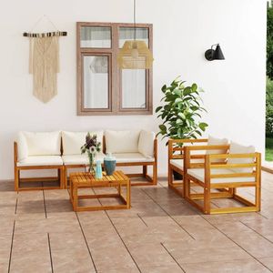 6-tlg. Garten-Lounge-Set mit Auflagen Creme Massivholz Akazie - Gartensessel - Loungesessel - Gartenmöbel Set - Holz Lounge Set - Outdoor Möbel - The