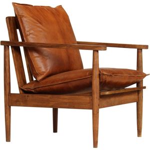 The Living Store Fauteuil - Armstoel - 66x69x74 cm - Acaciahout met sheesham-afwerking - Bruin leer