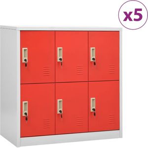 The Living Store Lockerkast - Opbergkast - 90 x 45 x 92.5 cm - 6 lockers - lichtgrijs/rood - staal