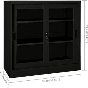 The Living Store Roldeurkast - Zwart - Staal en Gehard Glas - 90 x 40 x 90 cm - Met Schuifdeuren - 2 Verstelbare Schappen - Met Slot