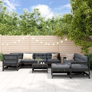 The Living Store Loungeset - 3x middenbank 5x tuinstoel 2x voetenbank/salontafel - zwart - massief grenenhout - 62x62x70.5 cm - antraciet kussen