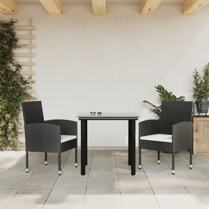 The Living Store Tuinmeubelen - Tuinset zwart - 2x stoel + tafel - PE-rattan en staal - 56x52x88 cm - Gehard glas