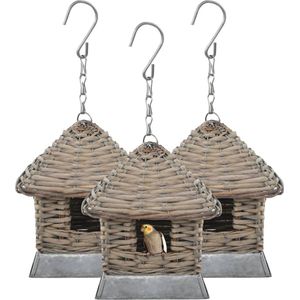 The Living Store Rieten Vogelhuisjes - Set van 3 - Gietijzer en Wicker - 17x17x19 cm - Handgemaakt