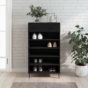 The Living Store Schoenenkast - Elegant - Duurzaam hout - 1 lade - 5 open vakken - Stabiel blad - Praktisch ontwerp - Zwart - 60 x 35 x 105 cm