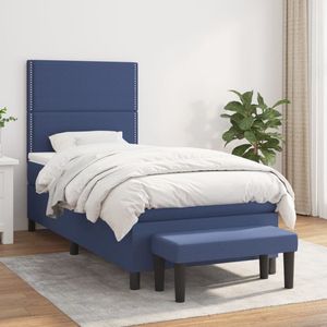 The Living Store Boxspringbed - Comfort - Bed - 203 x 83 x 118/128 cm - Blauw - Stof - Pocketvering matras - 80 x 200 x 20 cm - Blauw en wit - Bedtopmatras - 80 x 200 x 5 cm - Wit - Bankje