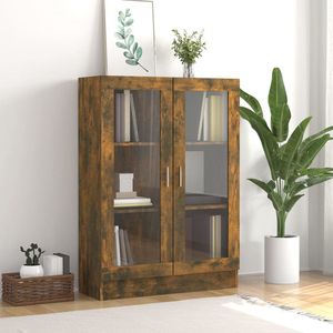 The Living Store Vitrinekast - Gerookt eiken hout - 82.5 x 30.5 x 115 cm - Met 3 vakken en 2 glazen deuren