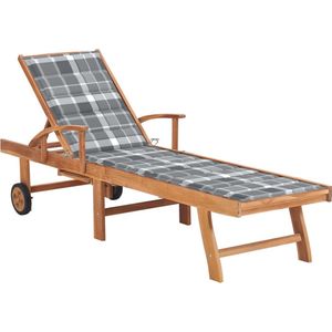 Sonnenliege mit Auflage Graues Karomuster Massivholz Teak - Holz Liege - Gartenliege - Sonnenschirm - Terrasse Dekoration - Gartenmöbeln - The Living