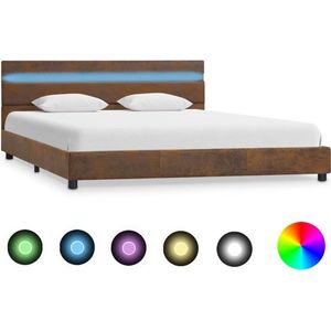 The Living Store bedframe Modern Bruin - 208 x 144 x 65 cm - Stoffen bekleding - LED-strip - Geschikt voor matras 140 x 200 cm - Inclusief afstandsbediening - USB-aansluiting - The Living Store