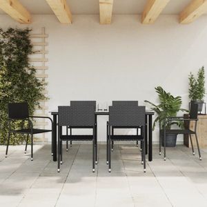 The Living Store Tuinset - Zwart - Poly rattan - Eettafel 160x80x74 cm - 6 stoelen