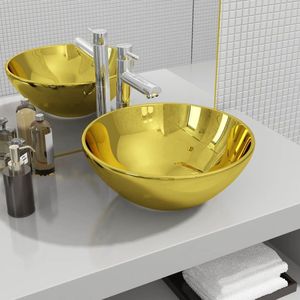 The Living Store Wastafel 32,5x14 cm keramiek goudkleurig - Keramische Wastafel - Gouden Wastafel - Rond Wastafel - Badkamerspiegel - Badkameraccessoires