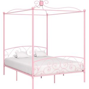 The Living Store Hemelbed Metaal Roze 211x169x227cm - Massief en Stevig - Geschikt voor 160x200cm Matras - Inclusief Lattenbodem - Bedhemel Klaar - The Living Store