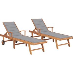 The Living Store Ligbedden 2 st met grijze kussens massief teakhout - Ligbed - Teak Hout - Lounge Bed - Buitendecoratie - Tuinset