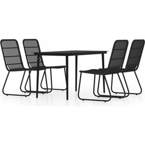 The Living Store Tuinset - Staal en glas - Zwart - 140x70x74cm - PE-rattan stoelen - Zonder armleuningen - Set van 5