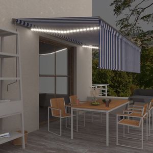 The Living Store Luifel automatisch rolgordijn LED windsensor 5x3 m blauw en wit - Buitenluifel - Parasol - Zonwering - Elektrische Luifel - Veranda