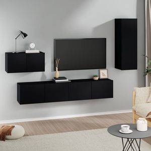 The Living Store Tv-kastenset - Klassiek ontwerp - Bewerkt hout - Voldoende opbergruimte - Wandgemonteerd - Praktische deuren - Kleur- zwart