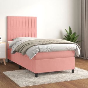 The Living Store Boxspringbed - Bed - 203 x 90 x 118/128 cm - Roze Fluwelen Stof - Verstelbaar Hoofdbord - Pocketvering Matras - Middelharde Ondersteuning - Huidvriendelijk Topmatras