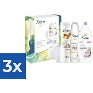 Geschenk Dove  Blissfully Relaxing Douchegel 225 ml- Bodylotion 250 ml- Deospray 150 ml & Puff - Voordeelverpakking 3 stuks