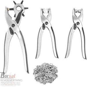 Borvat® - Revolvertang & Drukknooptang Gatentang Set - Drukknopen Tang Ponstang Riemen & Leer - Pijptang - Zilver