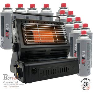 Borvat® - Gaskachel - Heater - Kachel - Inclusief 12 Gasflessen - Terrasverwarmer - Camping gaskachel - Gas Heater - Verstelbaar - Draagbaar -Zwart