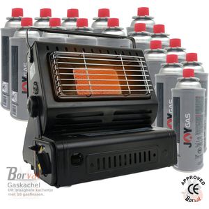 Borvat® - Gaskachel - Heater - Kachel - Inclusief 16 Gasflessen - Terrasverwarmer - Camping gaskachel - Gas Heater - Verstelbaar - Draagbaar -Zwart