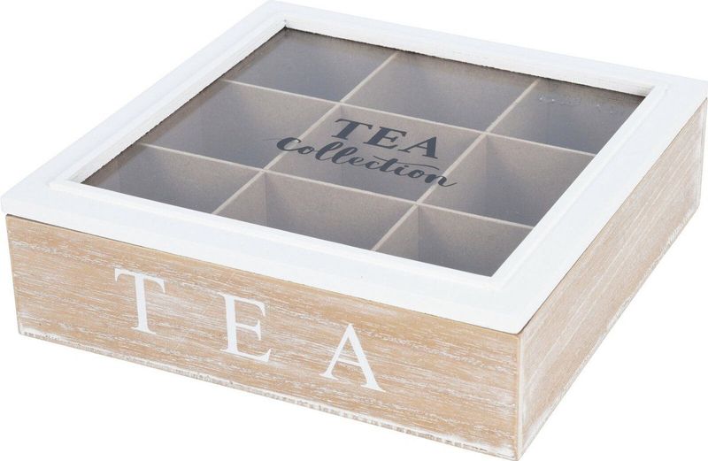 Excellent Houseware - Theedoos - 9-vaks - Naturel - Hout - Glazen Deksel