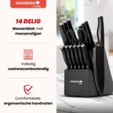 Hanamura - 14-delige Messenset - RVS - Zwart - Messenblok met Slijper en Schaar
