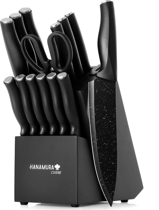 Hanamura - 14-delige Messenset - RVS - Zwart - Messenblok met Slijper en Schaar