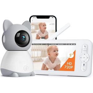 Babyfoon Pro - BabyTime Video-babyfoon - 5 inch kleurendisplay met 3MP pan/tilt-camera - Babyfoon met camera en app - Infrarood nachtzicht - 2-weg audio - Temperatuur- en geluidsalarm - Smart Nursery Mode