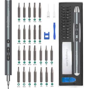 Elektrische Schroevendraaier Precisie 28-in-1: USB-oplaadbaar, 3 LED-Verlichting, Magnetische Set met 20 Bits - Reparatie voor Smartphone, Klok, Horloge - Aluminium Zilver, Ergonomisch Ontwerp