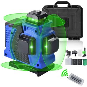 Groene Laserwaterpas, 16 Lijns 4D Automatisch Nivellerende Laserwaterpas, 4x360° Kruislijnen,Verticale/Horizontale Lijnen, Oplaadbare Batterij,Afstandsbediening,Verstelbare Laser Helderheid