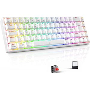 Gaming-toetsenbord, mechanisch draadloos, RGB, verlicht toetsenbord, 65% TKL, oplaadbaar, bluetooth, 2,4G, met kabel, 68 toetsen, rode schakelaar voor PC Windows/Mac/PS4, wit