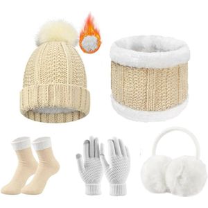 5-delige winterskiset voor dames, gebreide winterset, warme muts, sjaal, gebreide handschoenen, oorbeschermers, sokken, hoed, pompon