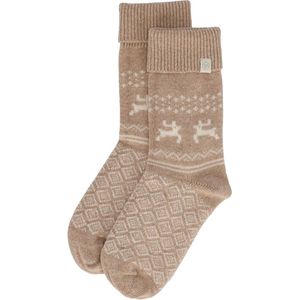 Apollo Dames Wollen Huissokken Beige Met Omslag Winter Print - Maat 39-42