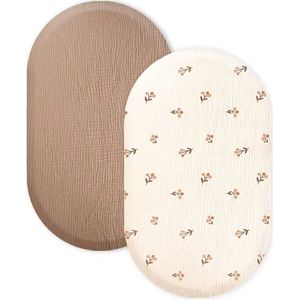 2 Stuks - Hydrofiele Baby Hoeslaken Wieg - Kinderwagen matras - Beige en Crème Bloemetjes - 80x40 cm - Aankleedkussenhoes