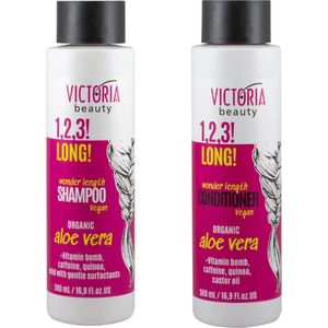 Victoria Beauty - 1,2,3! Long! - Haircare Combi Pack - 1x Shampoo + 1x Conditioner - 2 delige set - Shampoo - Conditioner - bevordert Haargroei - Hydratatie - Veganistisch - BIO Aloe Vera - Vitaminebom - Quinoa - Cafeïne