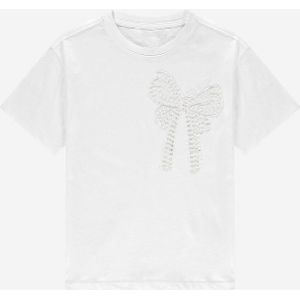 NIK&NIK - T-shirt - Katoen - Wit - Korte Mouwen, Ronde Hals, Print van Parels in Strikvorm